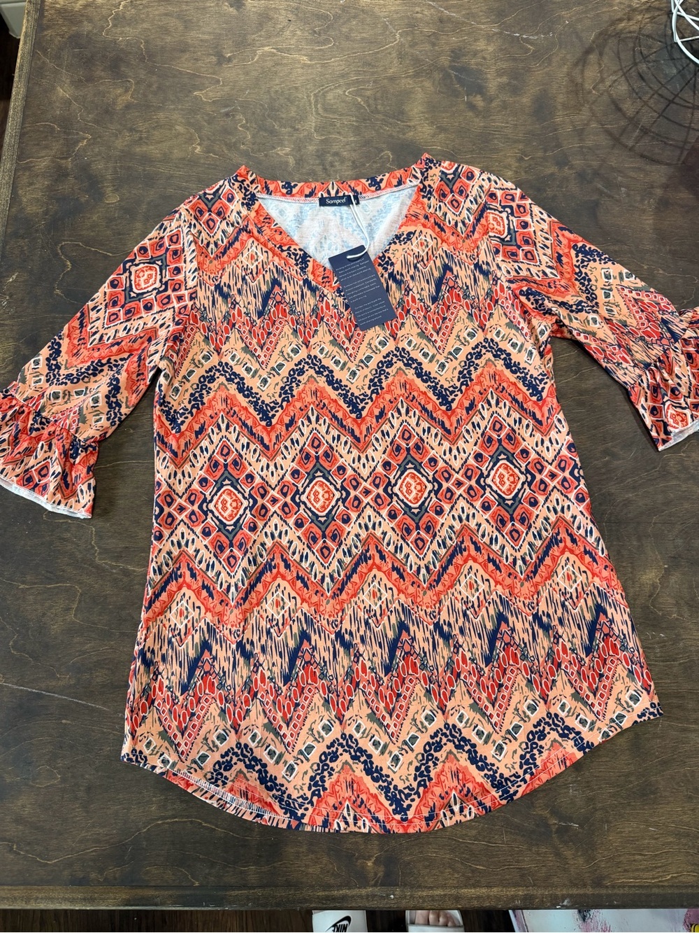 NWT Sampeel Women’s Medium Boho Aztec Geometric Bell Sleeve Tunic Top
